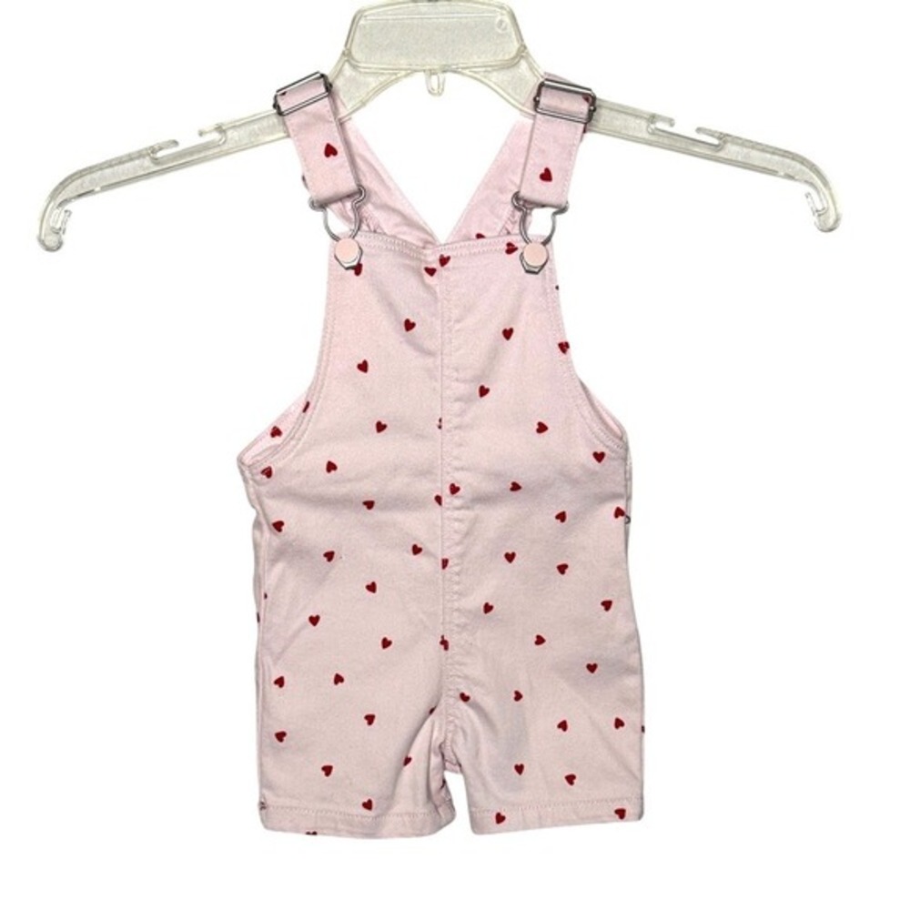 Heart Print Ruffle Shortall Overalls Pink Primark Adjustable Straps 9-12M